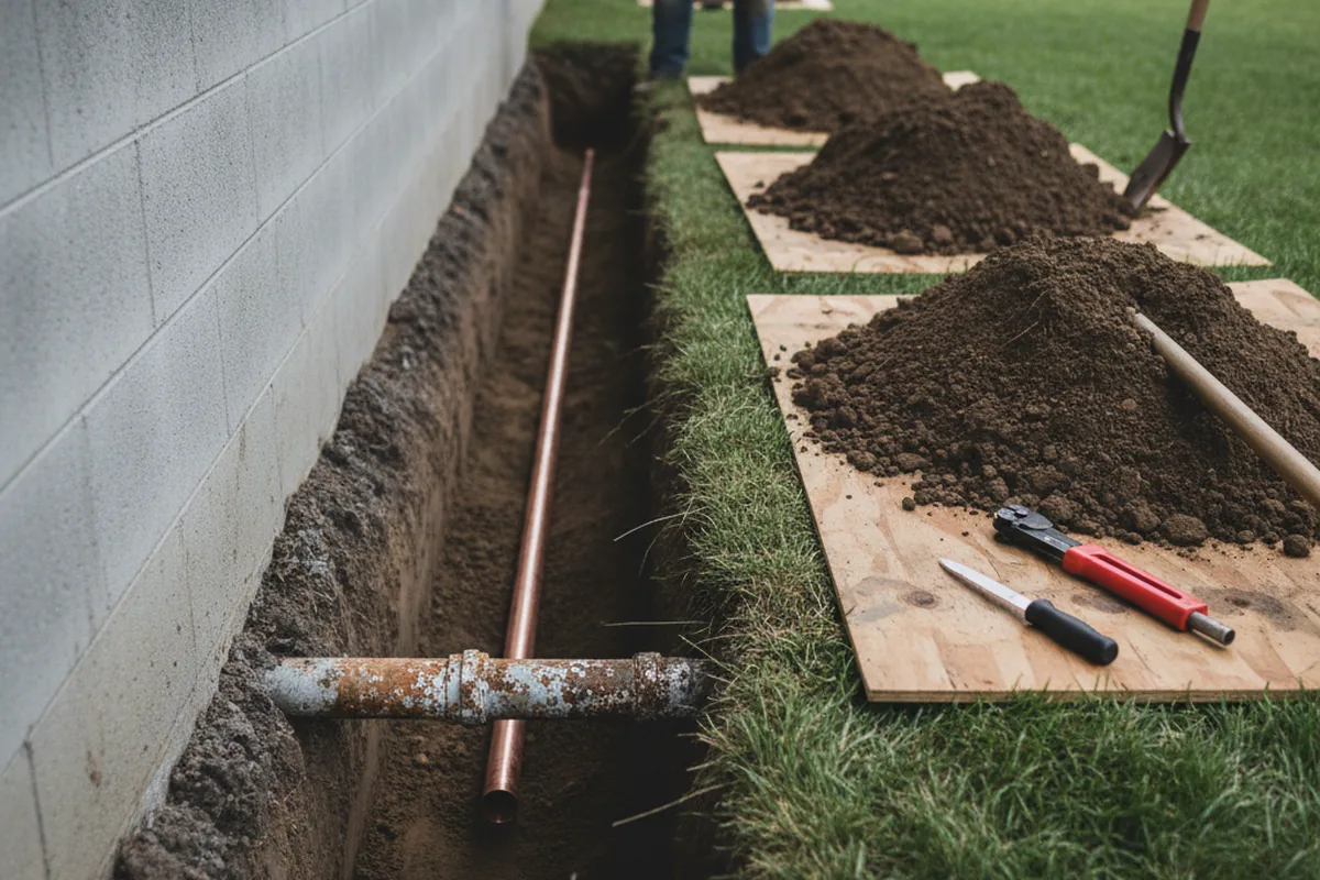 Excavated water line trench during Sewer Line Repair in Grand Chain